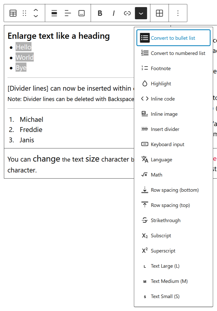 Convert to bullet list - Table Cells Extras
