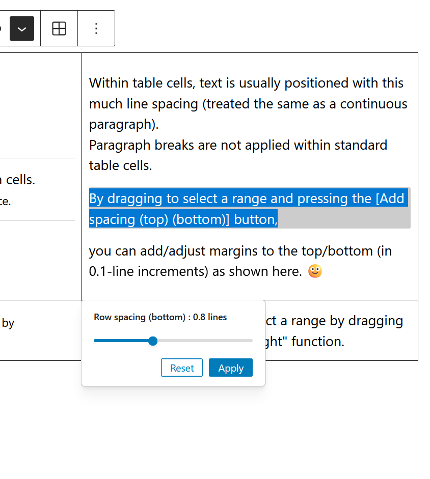 Row spacing (bottom) adjust with slider - Table Cells Extras