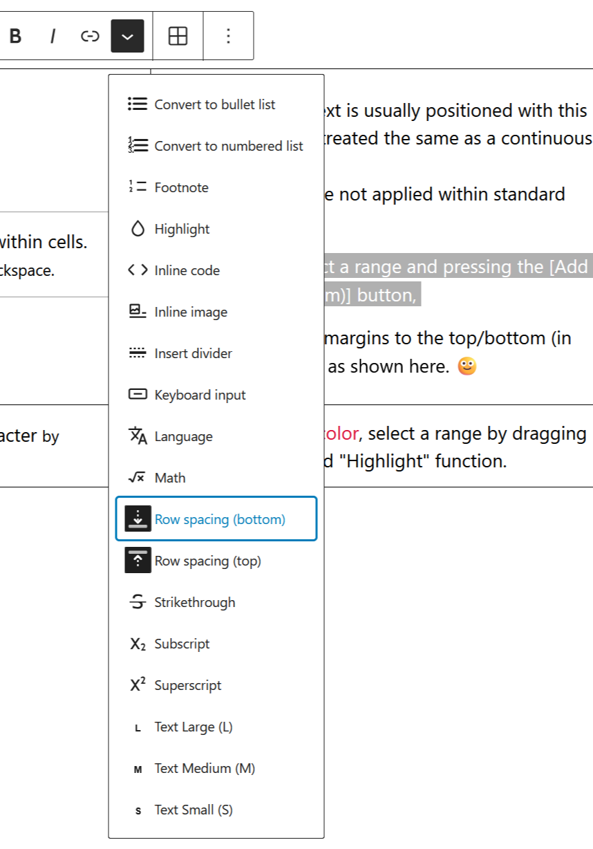 Row spacing (bottom) button - Table Cells Extras