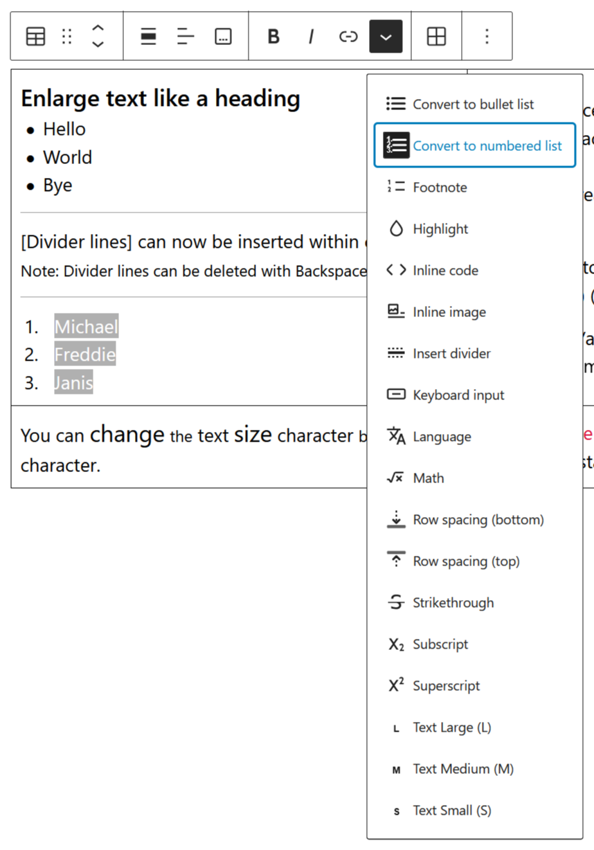 Convert to numbered list - Table Cells Extras