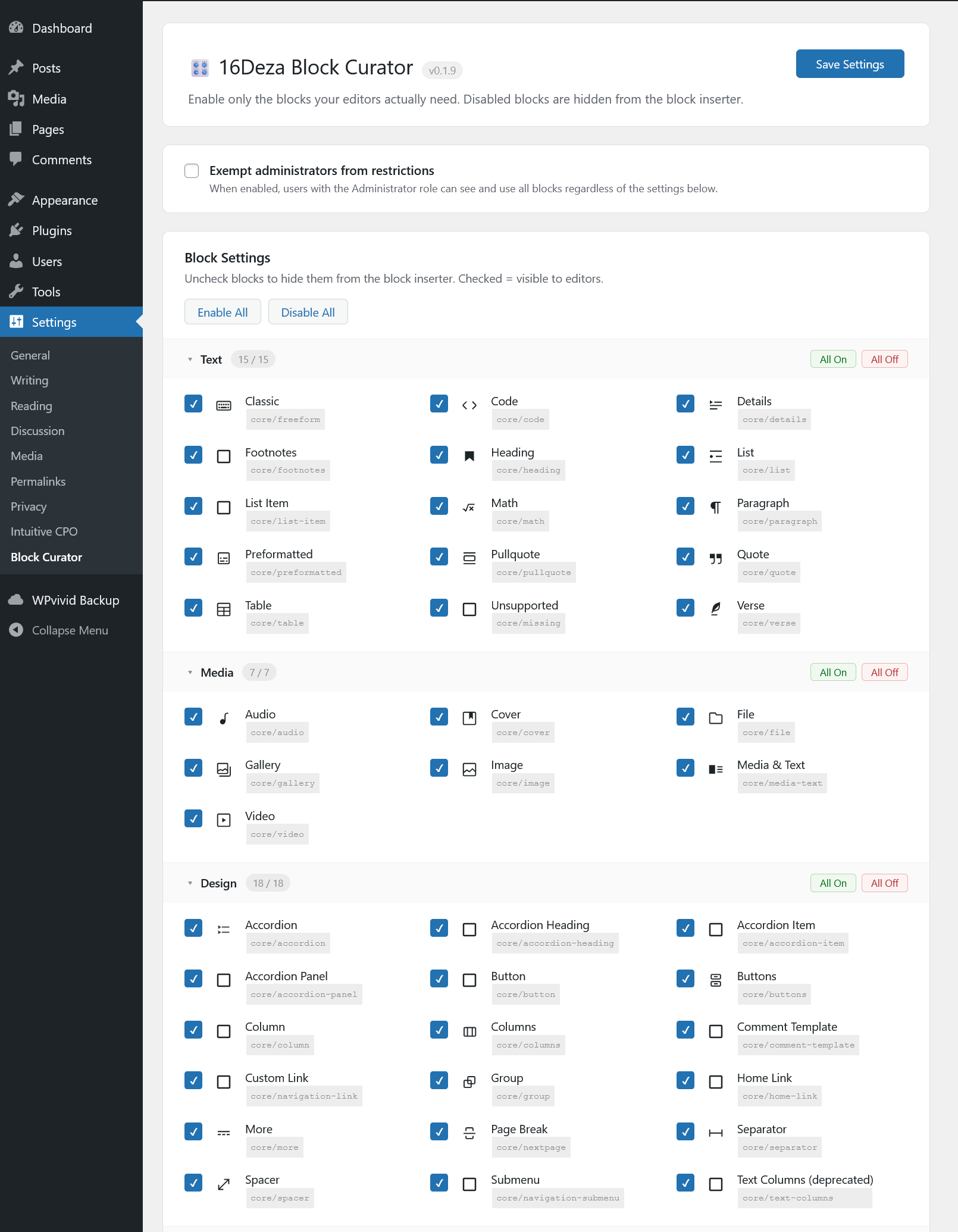 Settings - 16Deza Block Curator