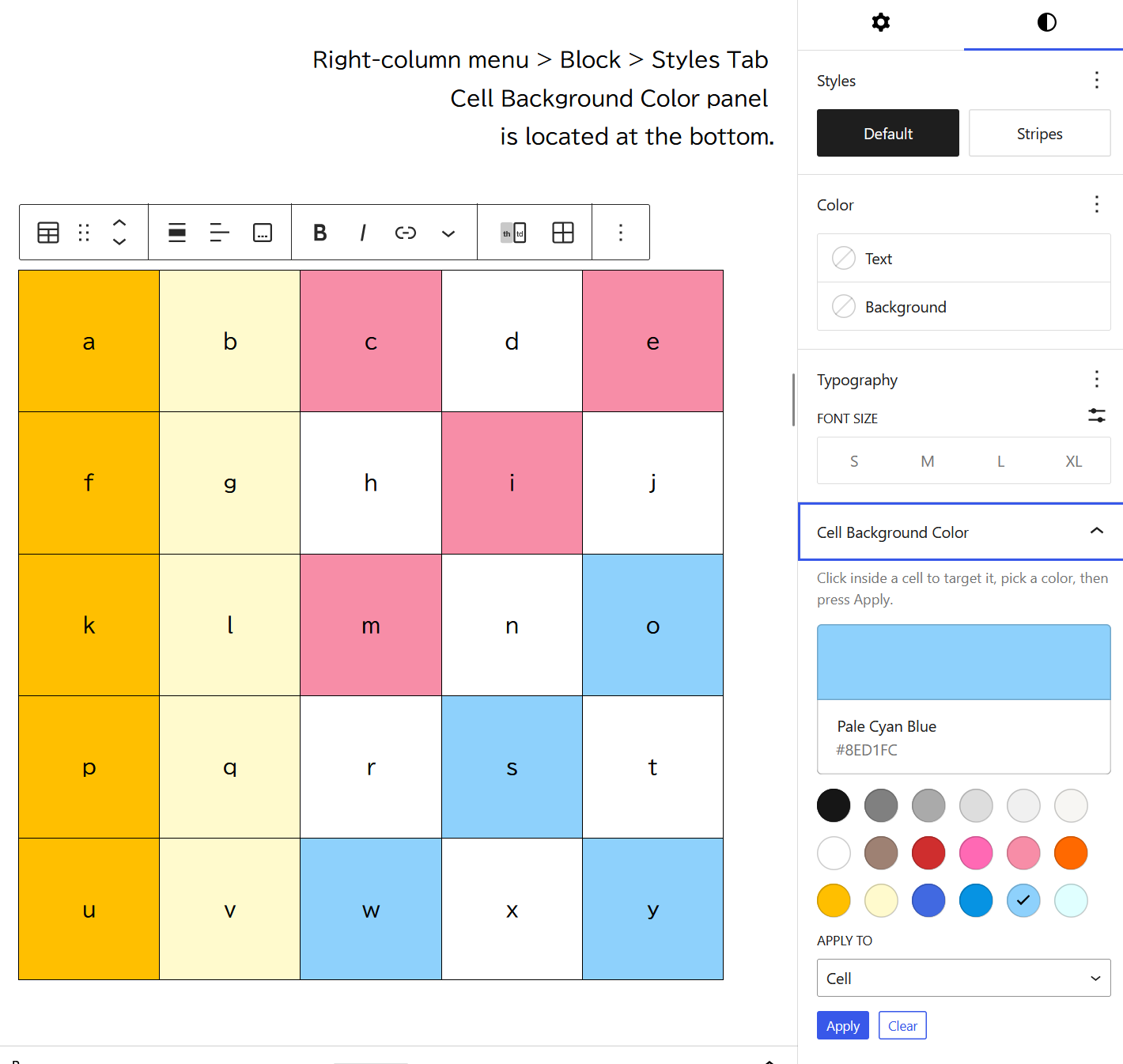 Style Tab > Cell Background Color panel