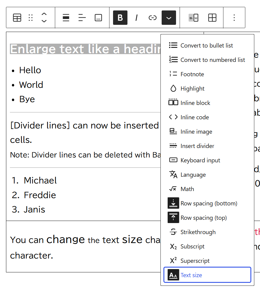 Text size - Table Cells Extras
