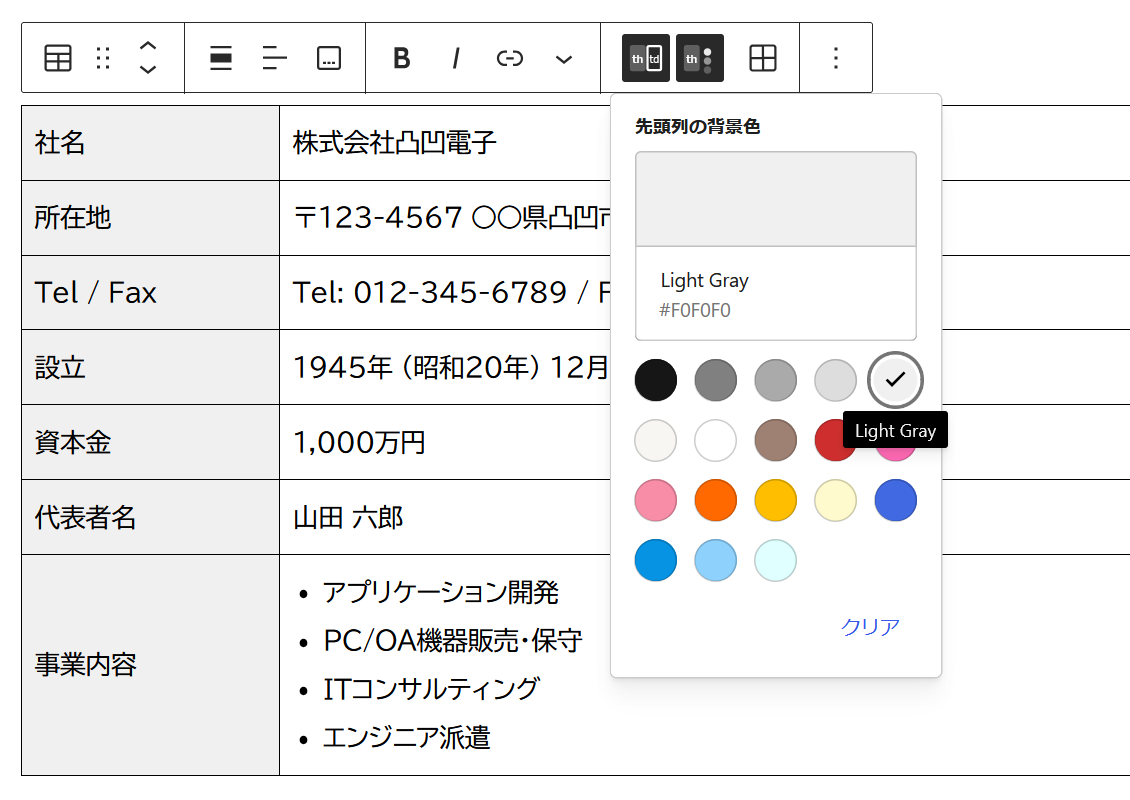 先頭列が th になり、背景色が指定できます